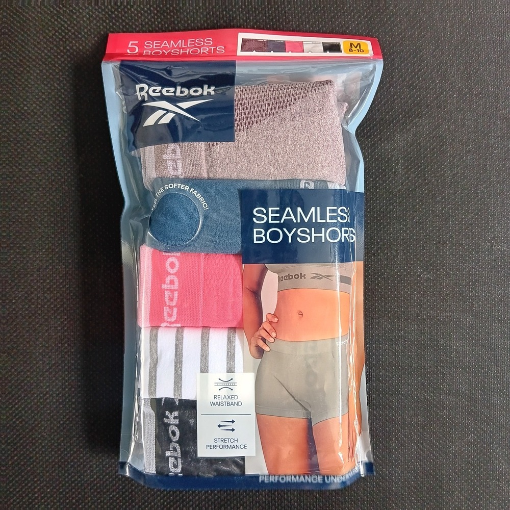 Women's Reebok Seamless Boyshorts 5 Pack Tag Free Stretch No Roll Waistband Sz M
